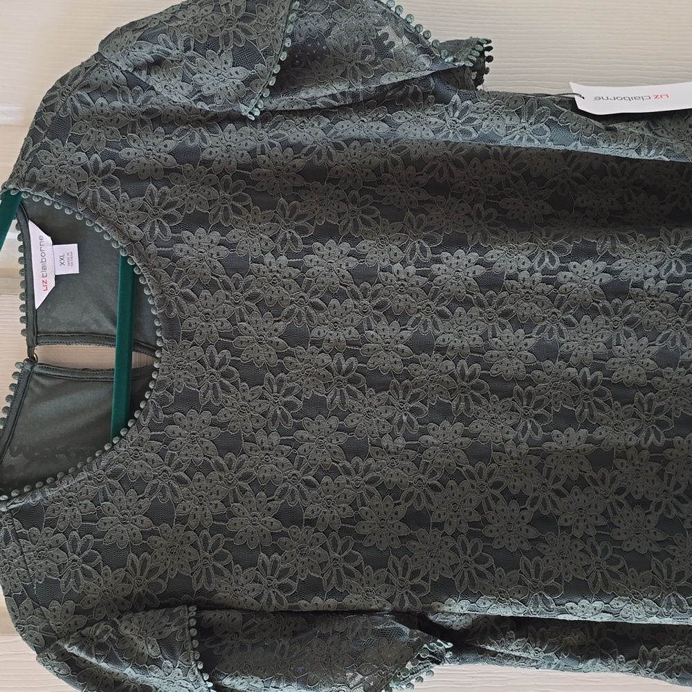 LIZ CLAIBORNE WOMEN'S PLUS OLIVE GREEN SHORT SLEEVES LINED LACY TOP SIZE XXL